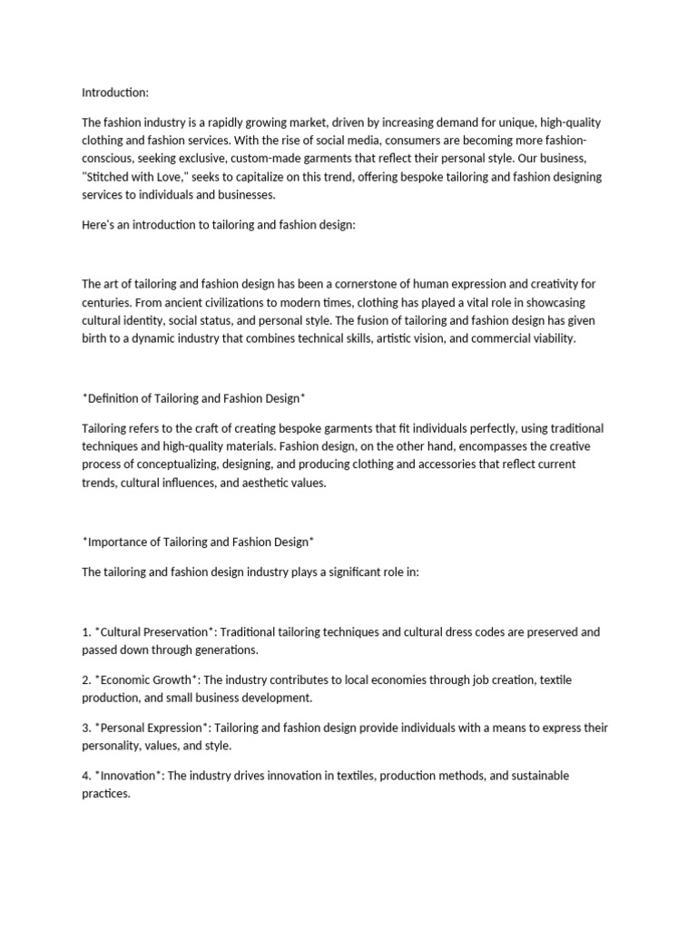 Business Plan for Tailoring Services | PDF | Fashion | Fashion Design