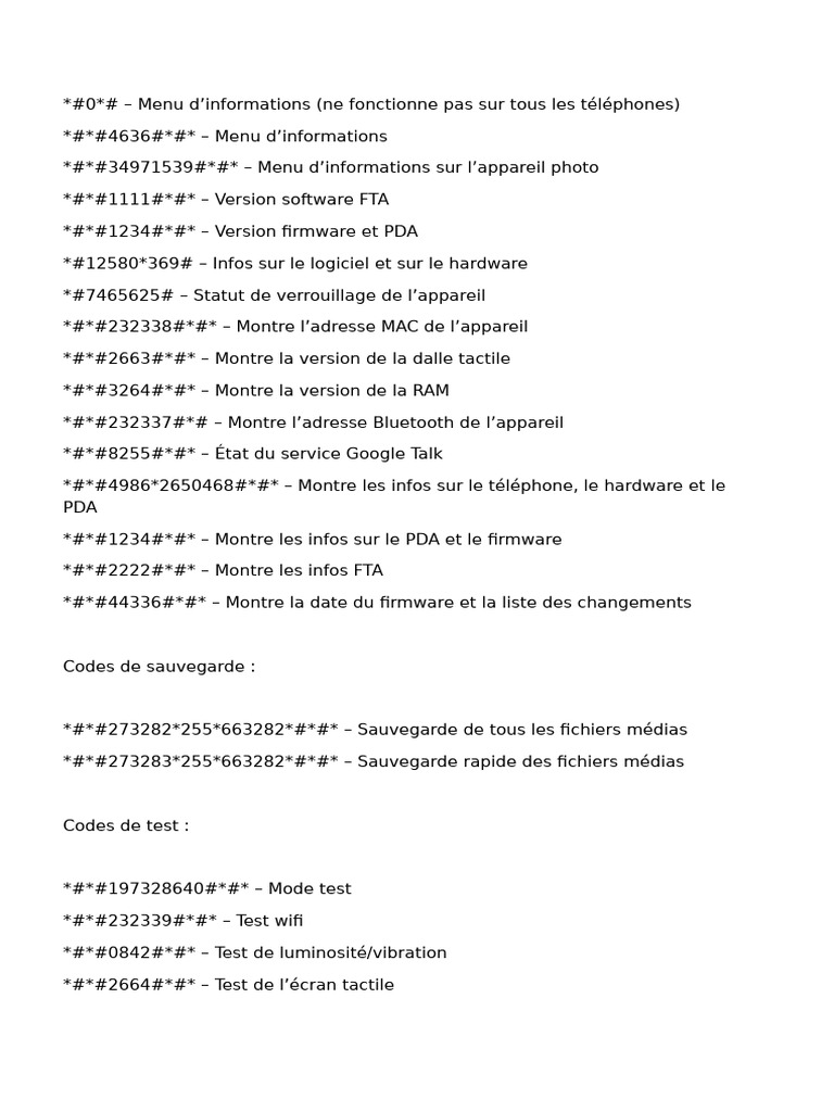 Codes secrets Android pour diagnostics et tests | PDF | Android ...