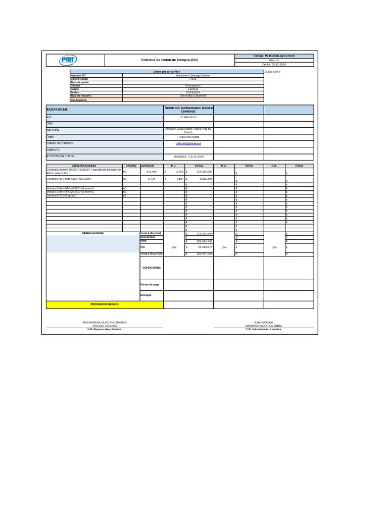 Solicitud de Orden de Compra Geotextil | PDF