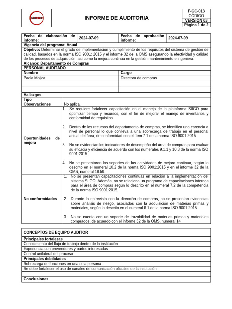 Auditoría de Compras ISO 9001:2015 | PDF | Auditoría | Business