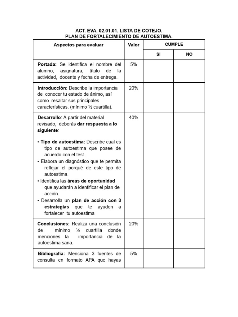 Cotejo para Plan de Autoestima | PDF
