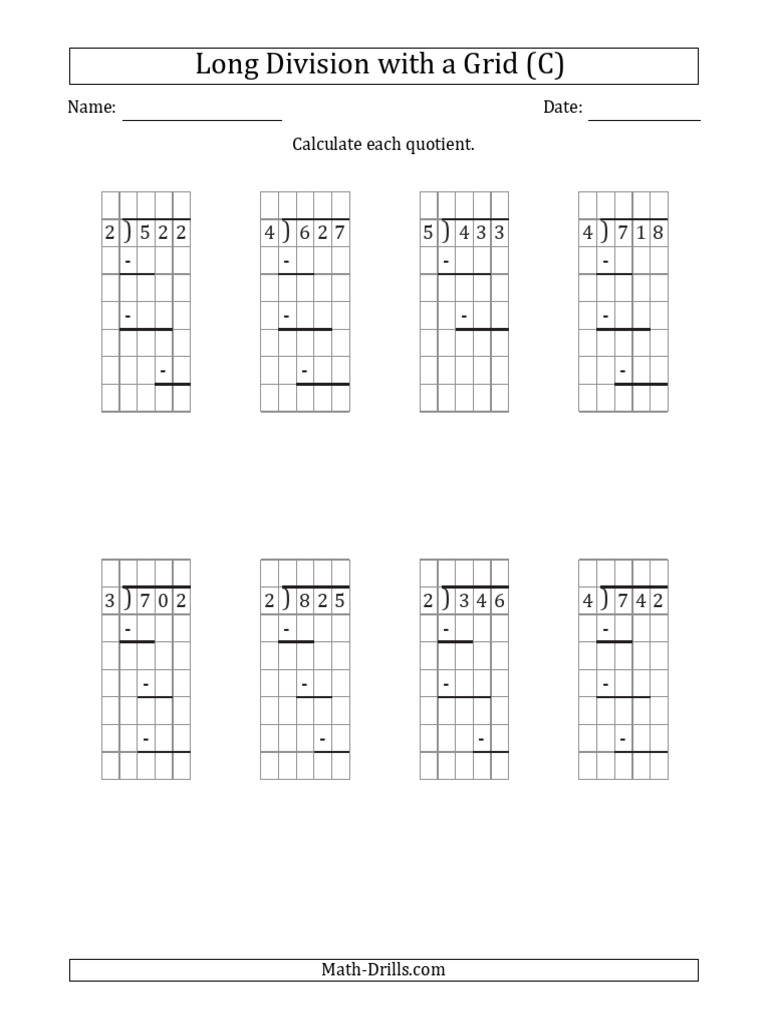 Division Long Grid 1digit Divisor 3digit Dividend Prompts Remainders ...