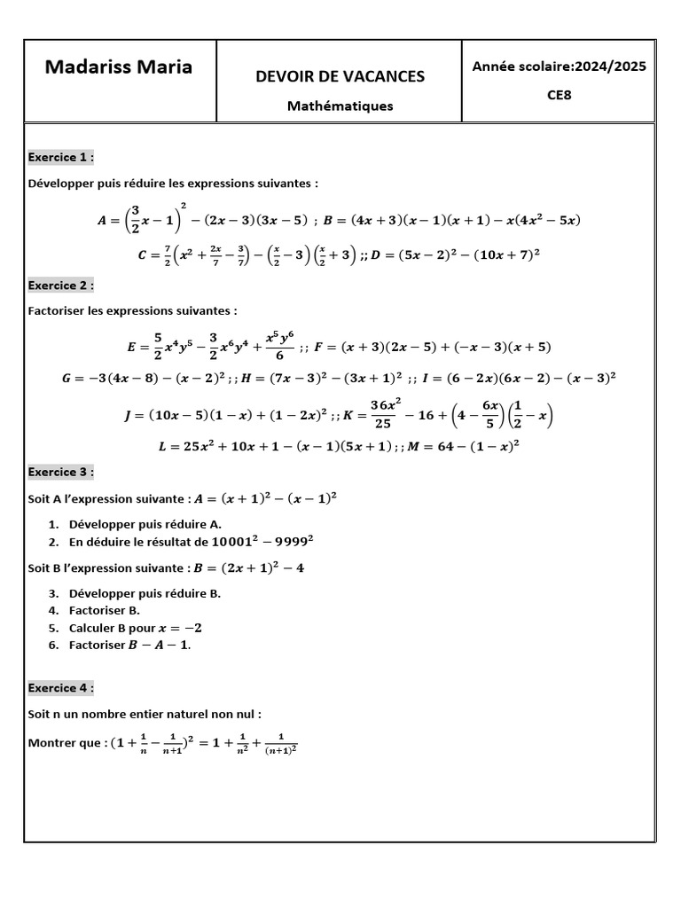Devoir de mathématiques CE8 2024/2025 | PDF