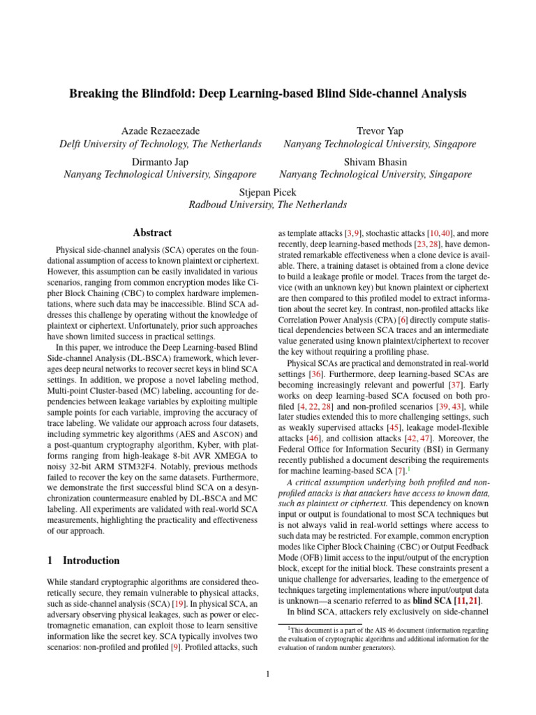 Deep Learning for Blind Side-Channel Analysis | PDF | Encryption ...