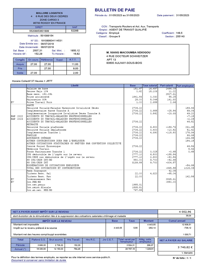 Bulletin de paie mai 2023 - Bolloré Logistics | PDF | Impôt sur le ...