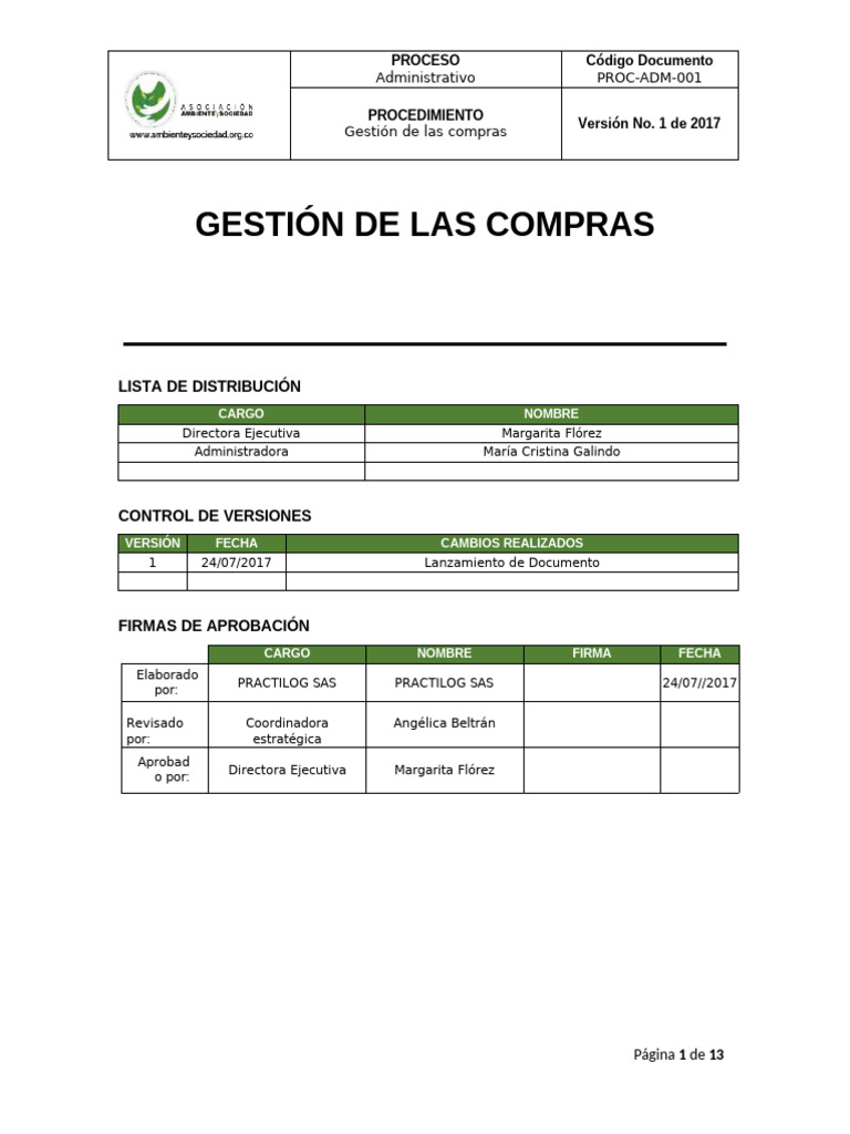PROC ADM 001 Procedimiento Gestión de Compras | PDF | Presupuesto | Factura
