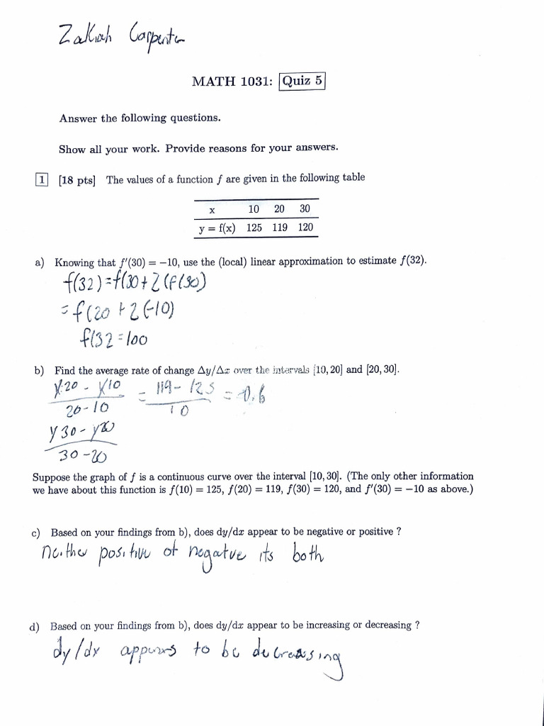 MATH 1031 Quiz 5: Function Analysis | PDF
