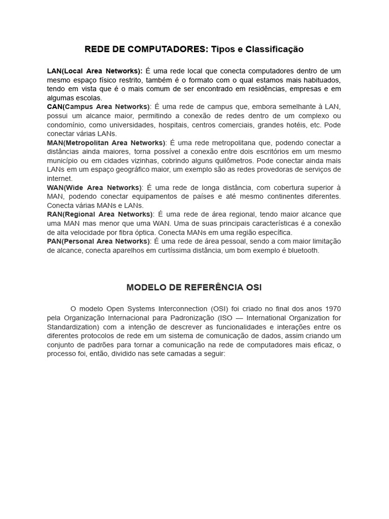 Tipos de Redes de Computadores e OSI | PDF | Rede de computadores ...