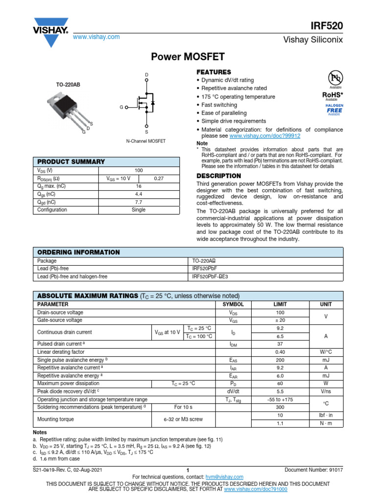 IRF520 Power MOSFET Datasheet | PDF | Diode | Mosfet