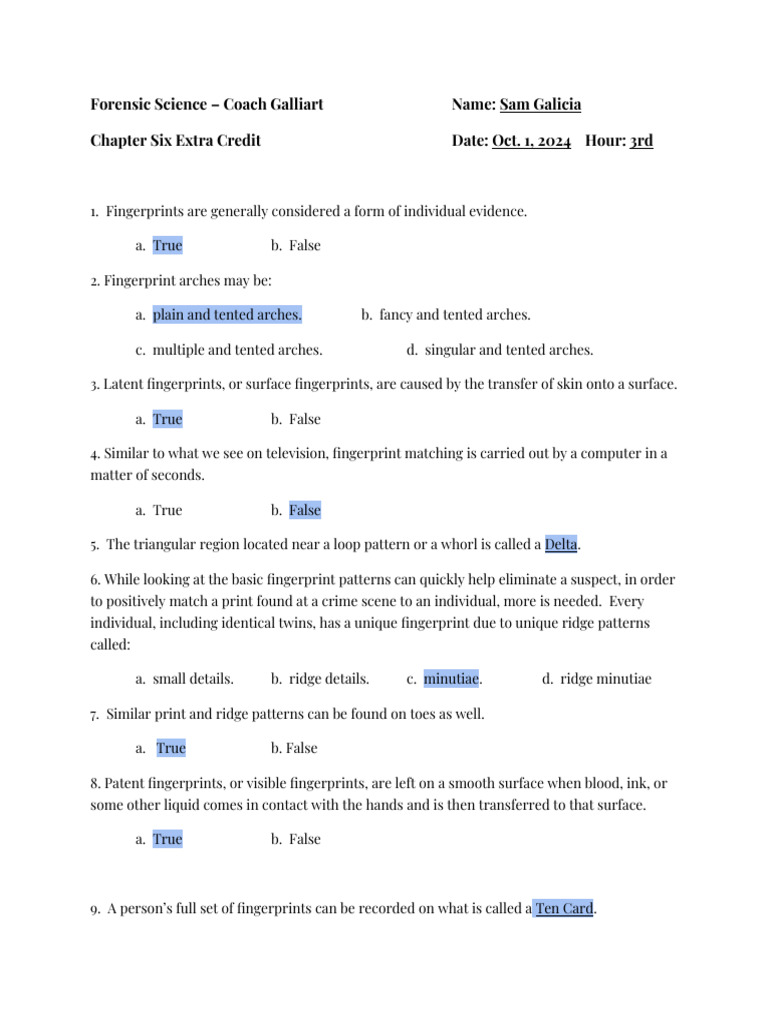 Chapter Six Review (Extra Credit) | PDF | Fingerprint | Forensic Science