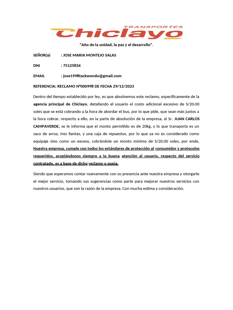 Reclamo por Cobro Excesivo en Chiclayo | PDF