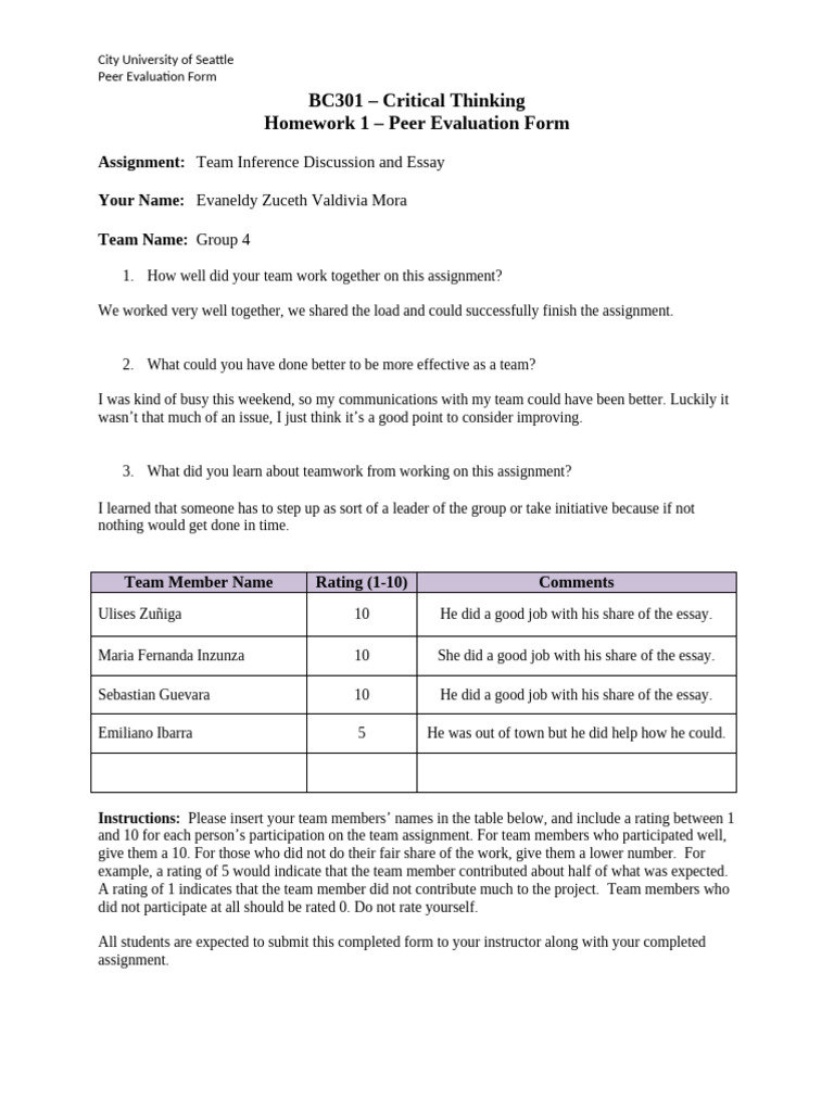 BC301 Peer Evaluation Form for Teamwork | PDF