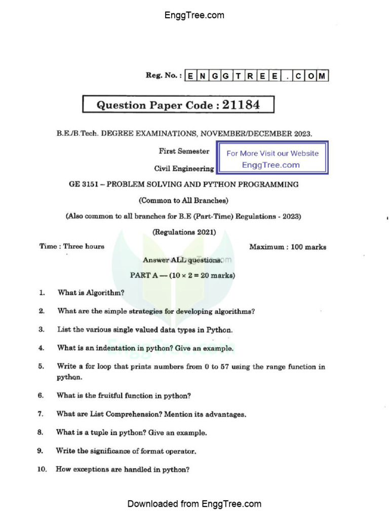 GE3151 Problem Solving and Python Programming Nov Dec 2023 Question ...