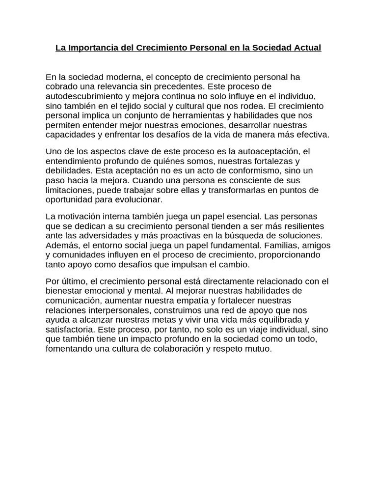 La Importancia Del Crecimiento Personal en La Sociedad Actual | PDF