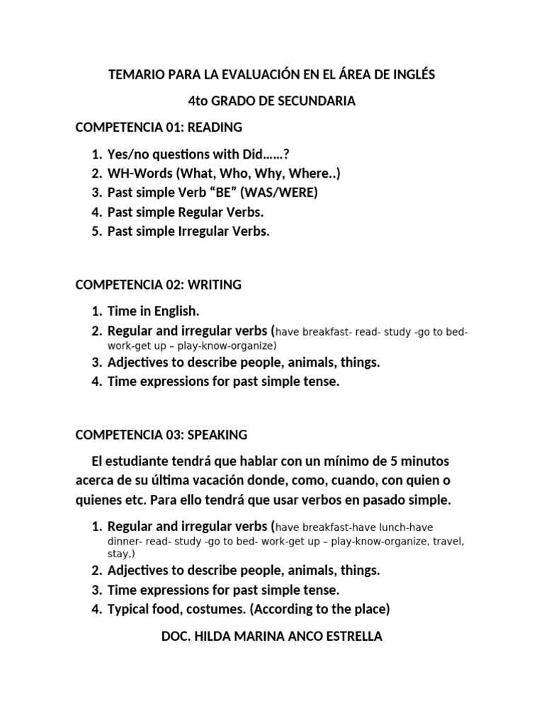 Temario para La Evaluación en El Área de Inglés 4to Año | PDF