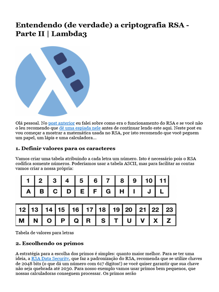 Matemática da Criptografia RSA: Parte II | PDF | Criptografia de chave ...