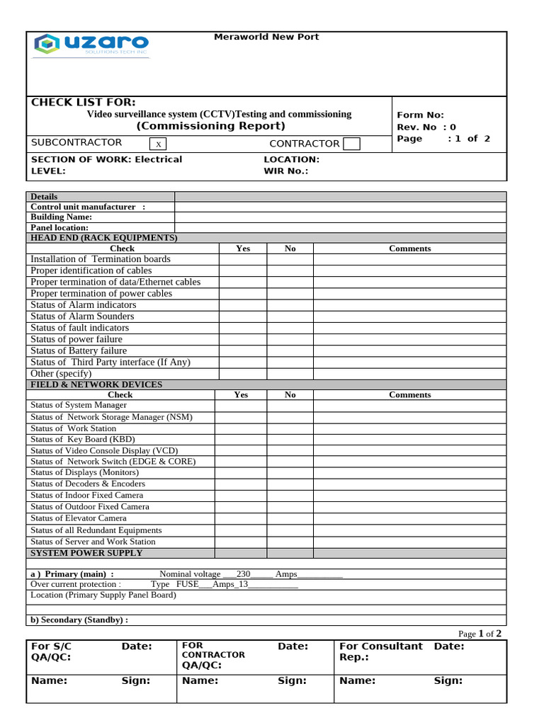 CCTV Testing and Commissioning Checklist | PDF | Closed Circuit ...