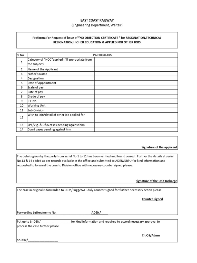 Railway NOC Application Form Template | PDF