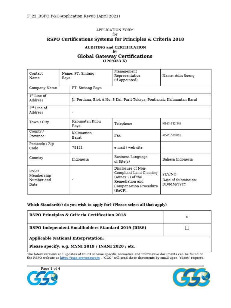 RSPO Certification Application Form 2021 | PDF