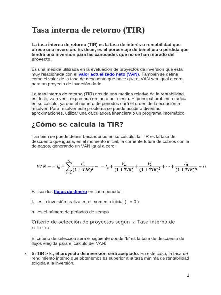 Tasa Interna de Retorno (TIR) Explicada | PDF | Tasa interna de retorno ...