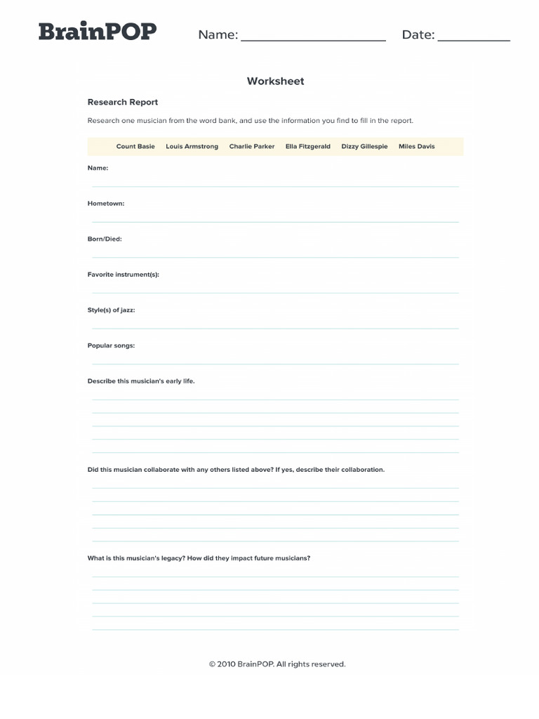 Worksheets Jazz Brain Pop | PDF
