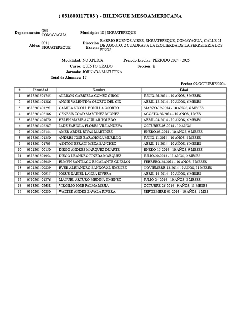 Lista de Alumnos Quinto Grado B | PDF
