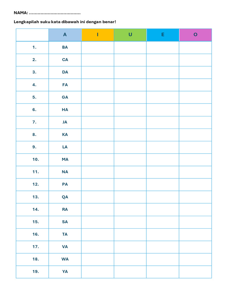Lengkapi Suku Kata Vokal A Pdf
