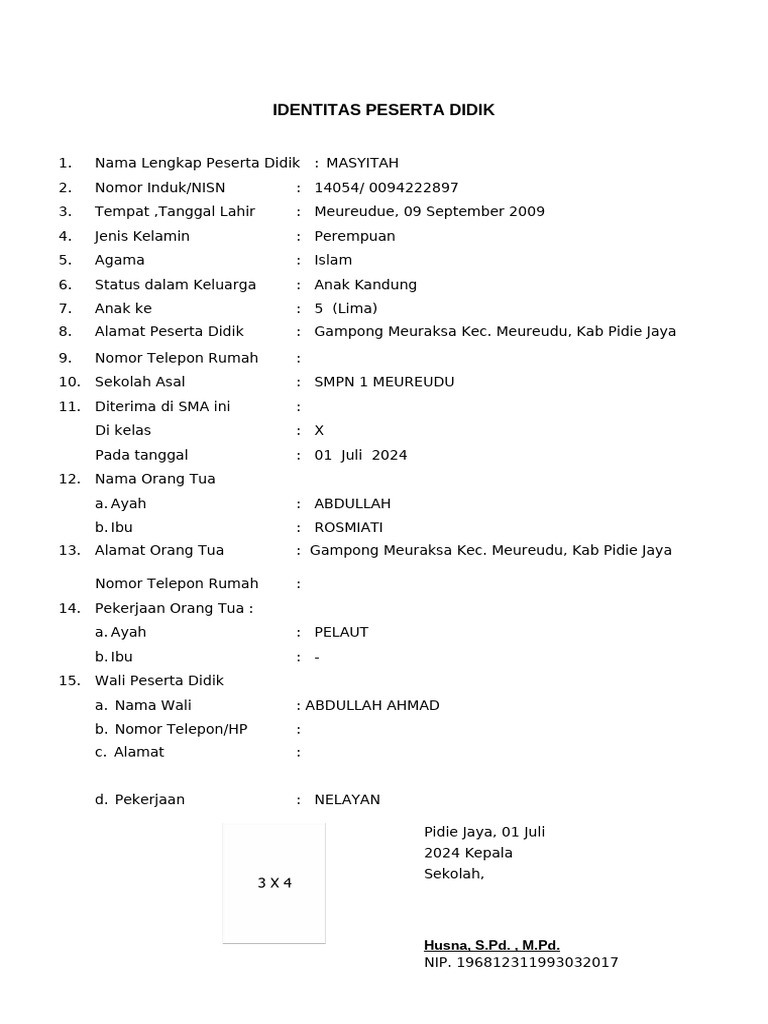 IDENTITAS RAPOR SISWA Masyitas X 5 | PDF