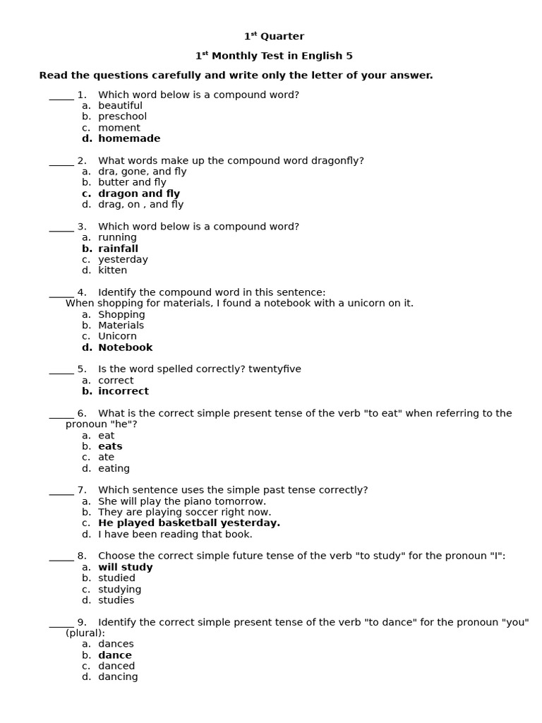 1st Monthly 1QT in ENGLISH 5 | PDF | Verb | Grammatical Tense