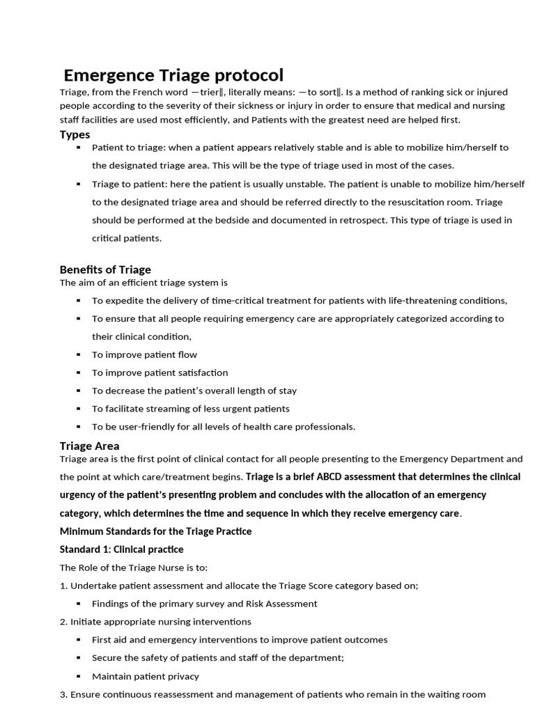 Emergence Triage Protocol Overview | PDF | Emergency Department ...