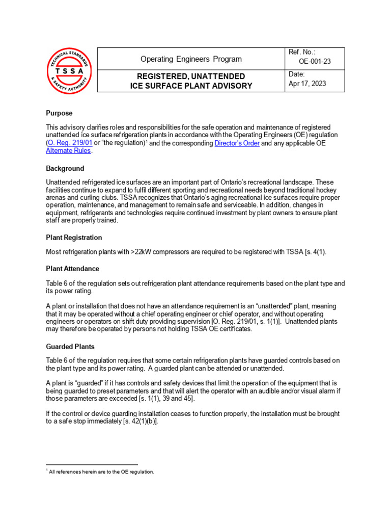 TSSA Guidelines for Unattended Ice Plants | PDF | Safety | Asset Management