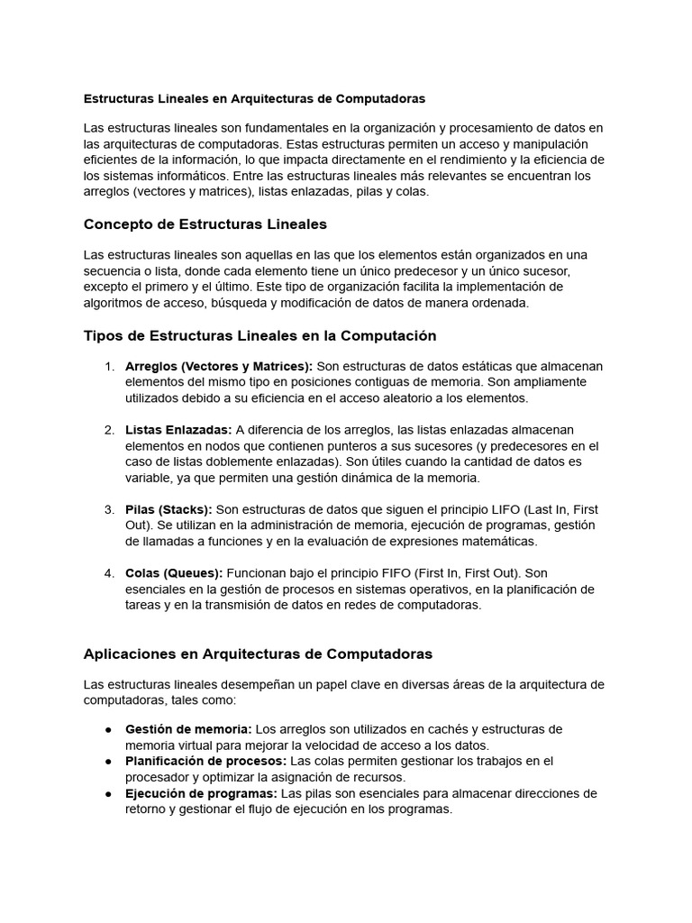 Estructuras Lineales en Arquitecturas de Computadoras | PDF ...
