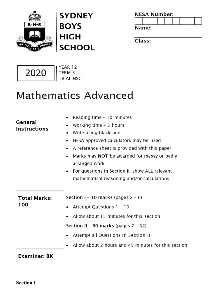 2020 Sydney Boys HS Adv Trial | PDF | Mathematical Analysis | Mathematics