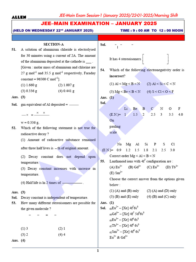 JEE Main 2025 Chemistry Solutions | PDF | Chlorine | Gases