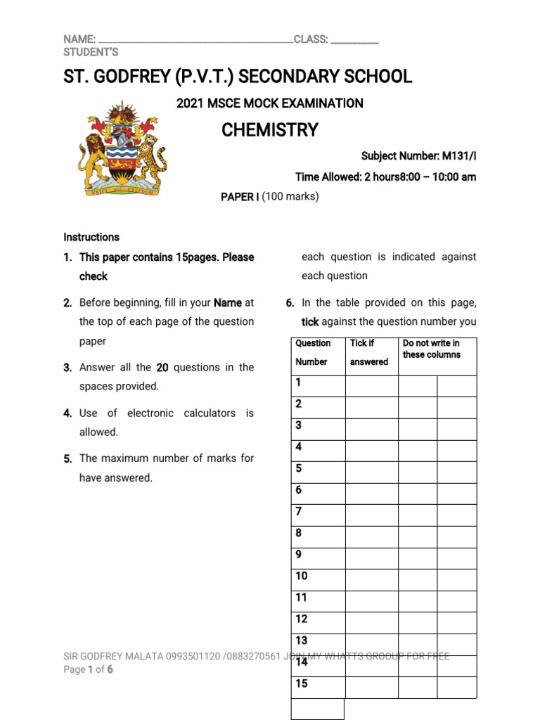 2021 Mock Chemisty P1 Pdf Chemical Reactions Acid
