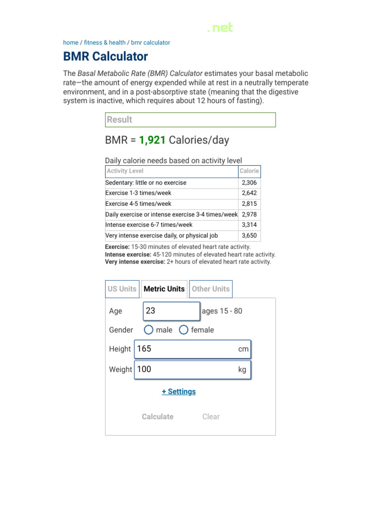 BMR Calculator for Daily Calorie Needs | PDF