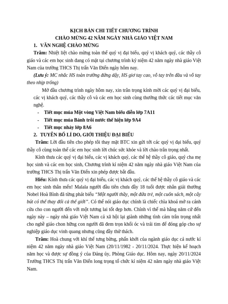 CHỐT - KỊCH BẢN CHI TIẾT KỈ NIỆM 42 NĂM NGÀY NHÀ GIÁO VIỆT NAM | PDF
