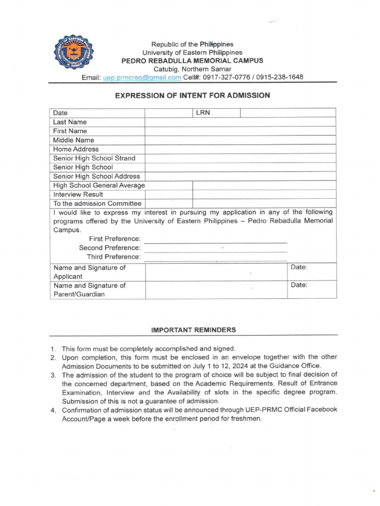 Expression of Intent for Admission 2024 | PDF