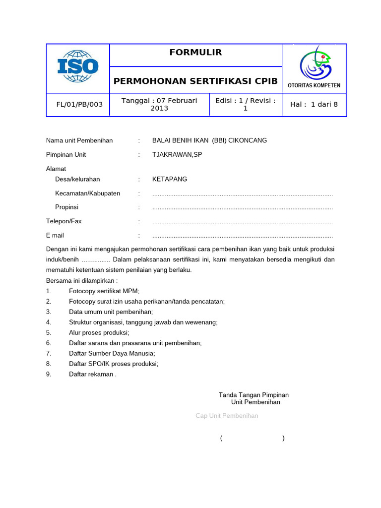 Contoh Sertifikat CPIB Pembenihan Ikan | PDF