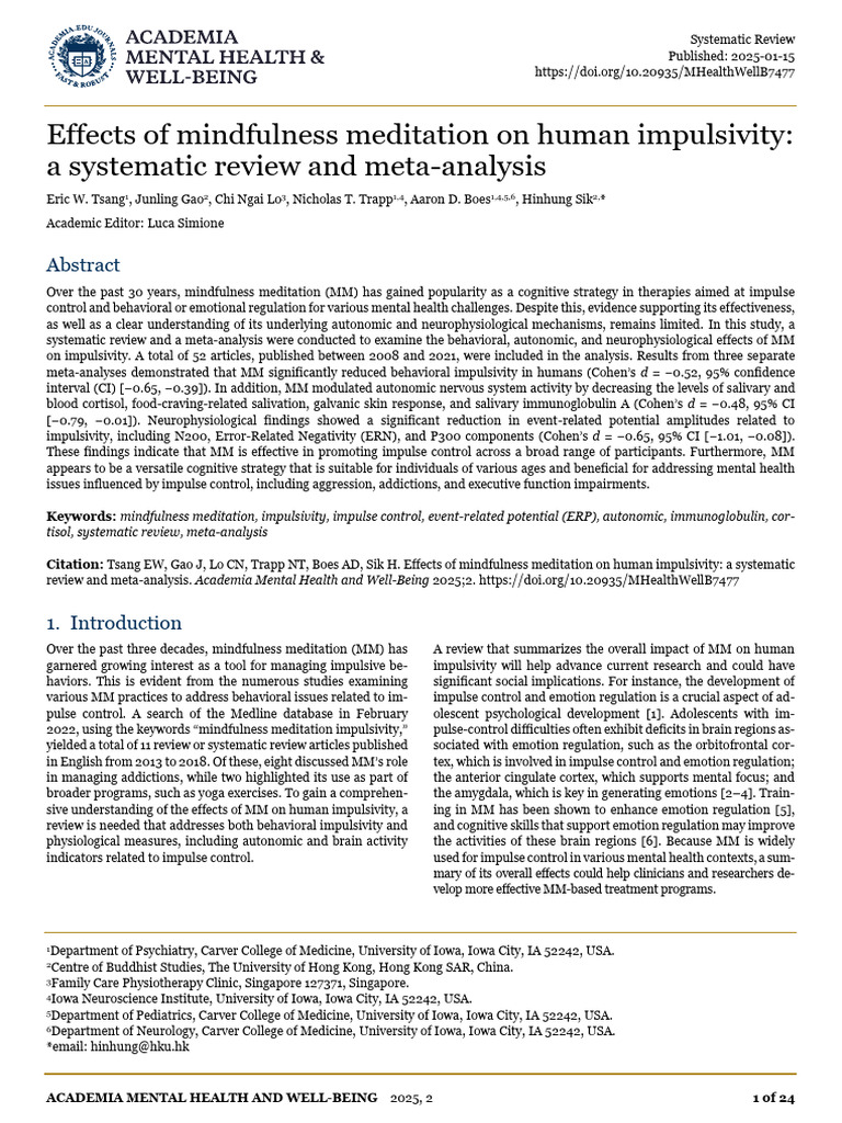 Effects of Mindfulness Meditation On Hum | PDF | Impulsivity | Mental ...
