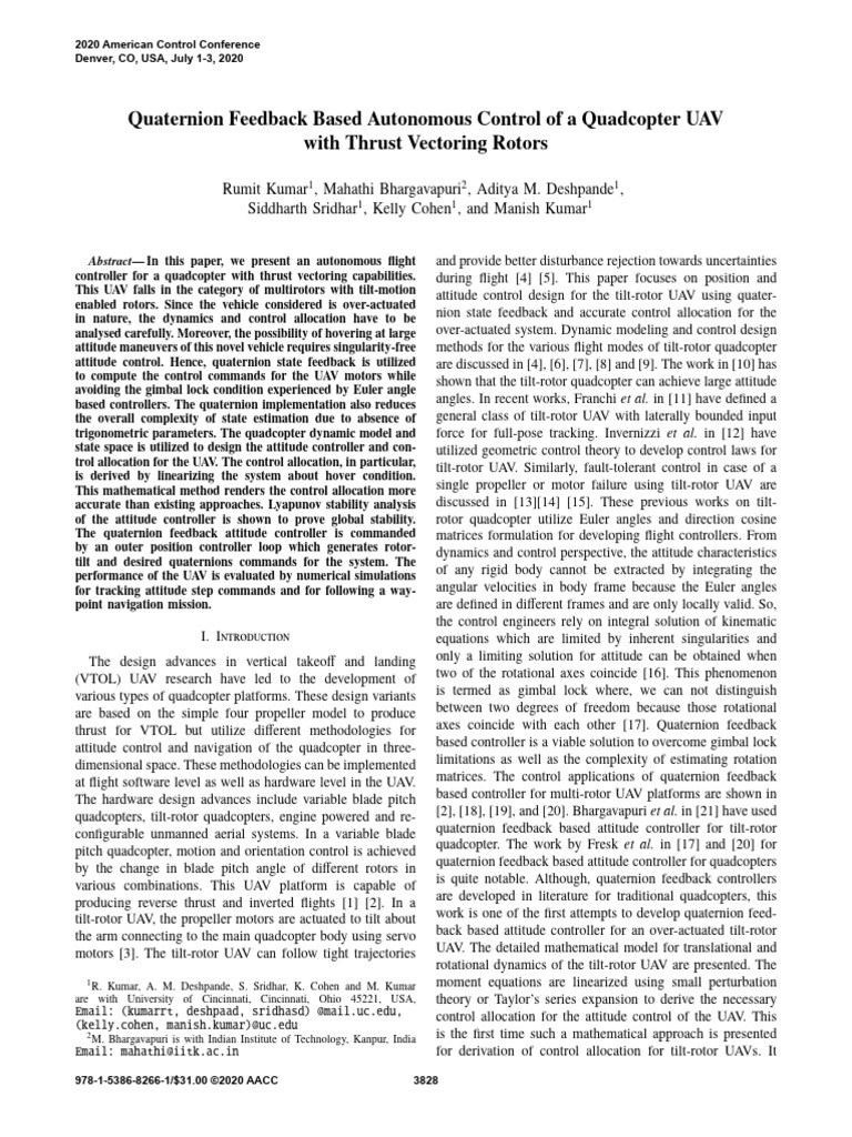 Quaternion Feedback Based Autonomous Control of A Quadcopter UAV With ...