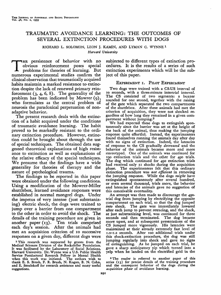 Traumatic Avoidance Learning in Dogs | PDF | Experiment | Reinforcement