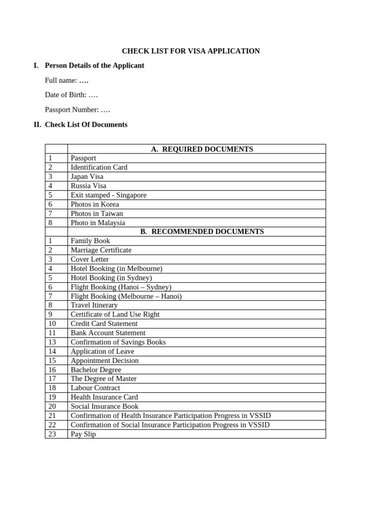 Visa Application Document Checklist | PDF