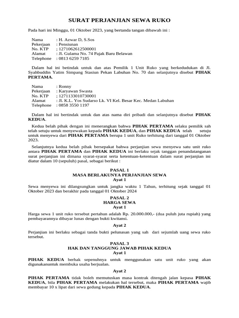 Perjanjian Sewa Ruko Medan 2023 | PDF