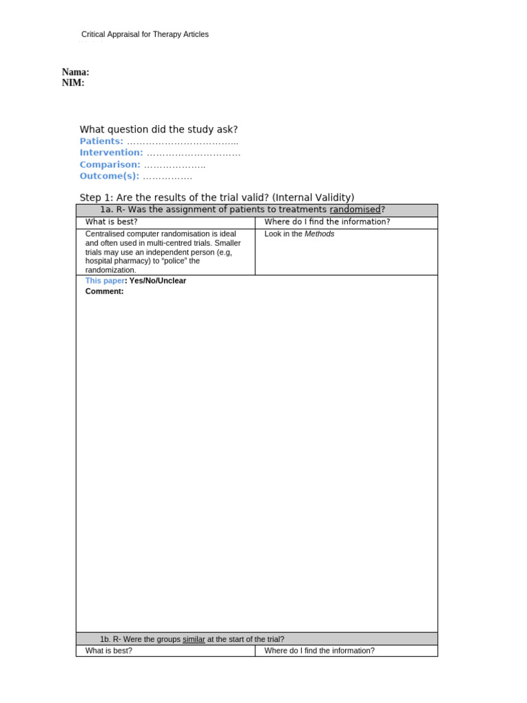 Therapy Article Critical Appraisal Guide | PDF | Randomized Controlled ...