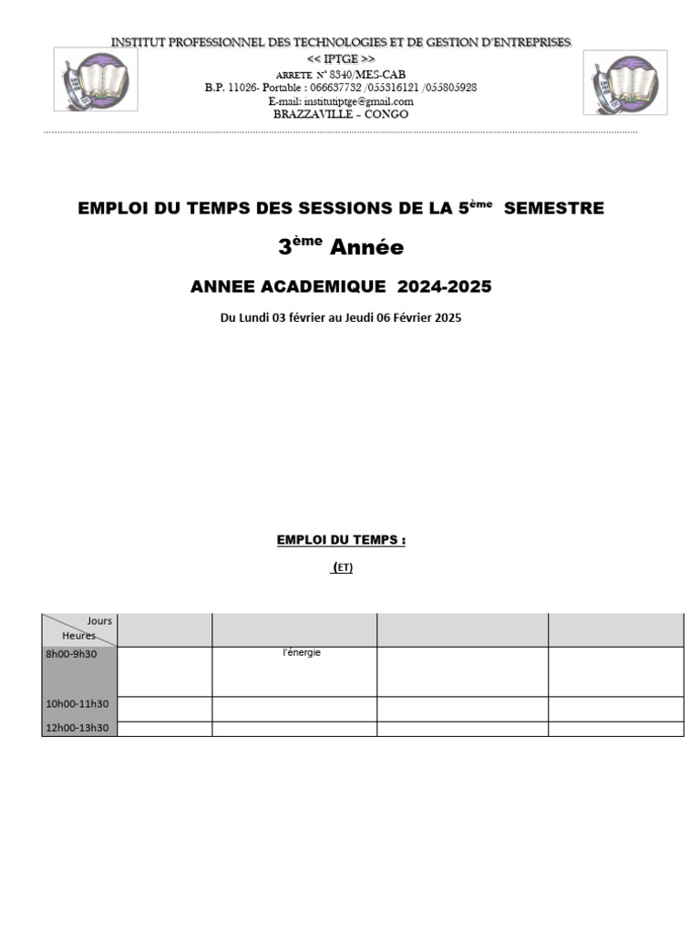 Emploi du temps 5ème semestre 2024-2025 | PDF | Banques | Informatique