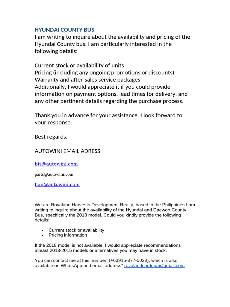 Inquiry on Hyundai County Bus Availability | PDF | Automotive Industry ...