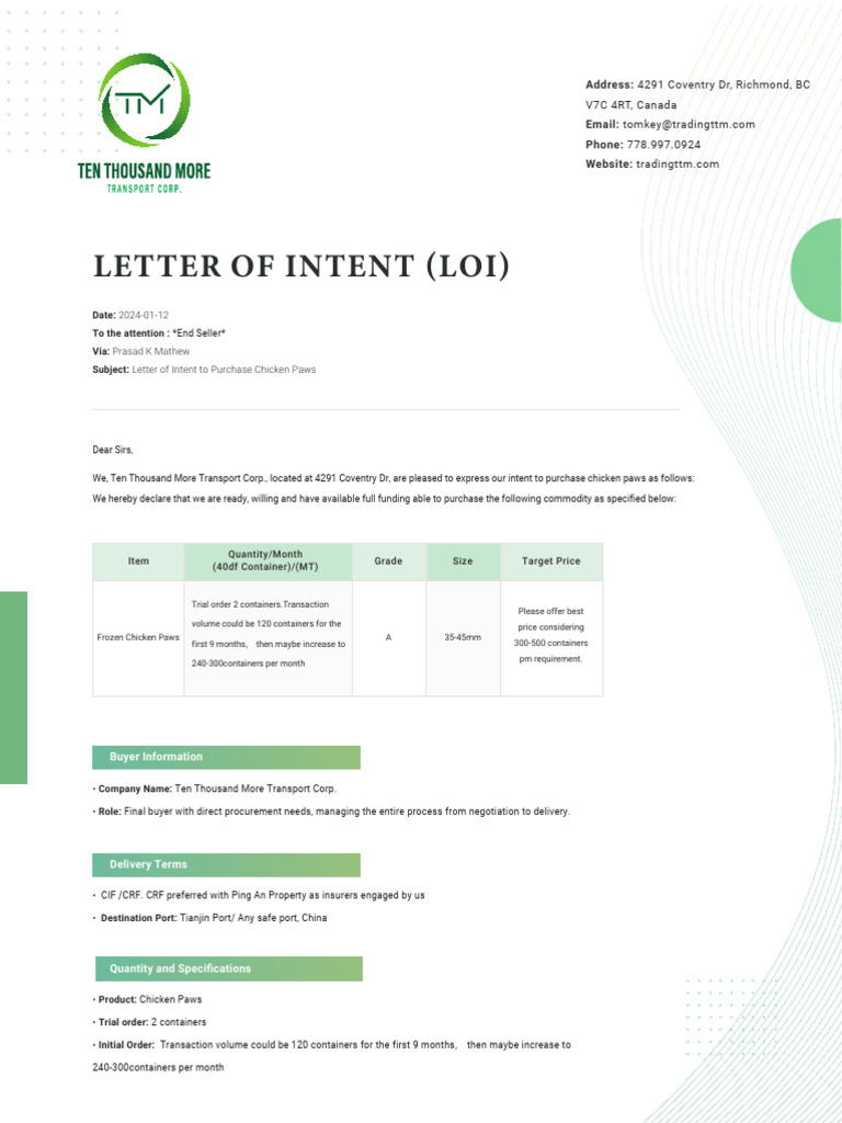 LETTER OF INTENT (LOI) - Frozen Chicken Paws | PDF | Letter Of Credit ...