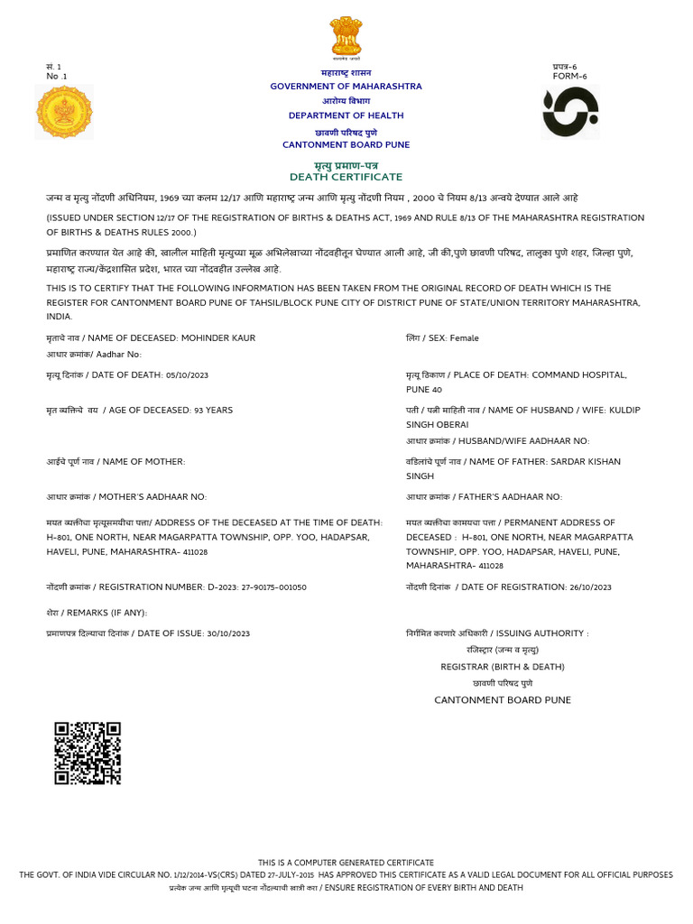 Badi Ma Death Certificate | PDF