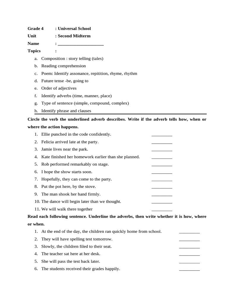 Grade 4 2nd Midterm Pdf Adverb Grammar